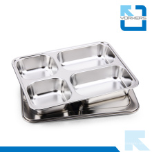 Hot Selling 4 Dividers en acier inoxydable Fast Food Lunch Tray avec couvercle Food Tray